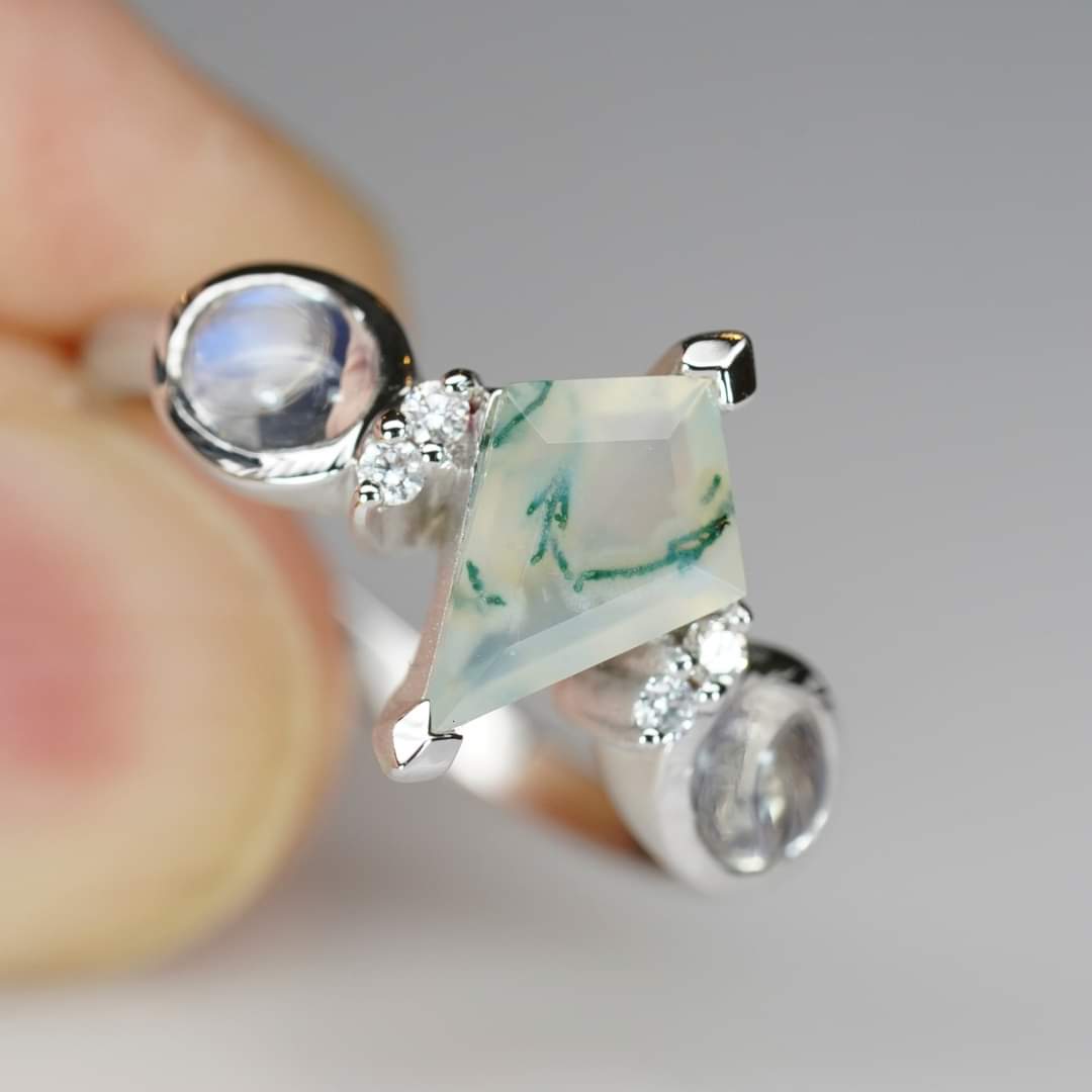 Custom Gemstone Rings 14k WG Moss Agate, Moonstone and Diamond Custom Ring – AnatomicJewelry